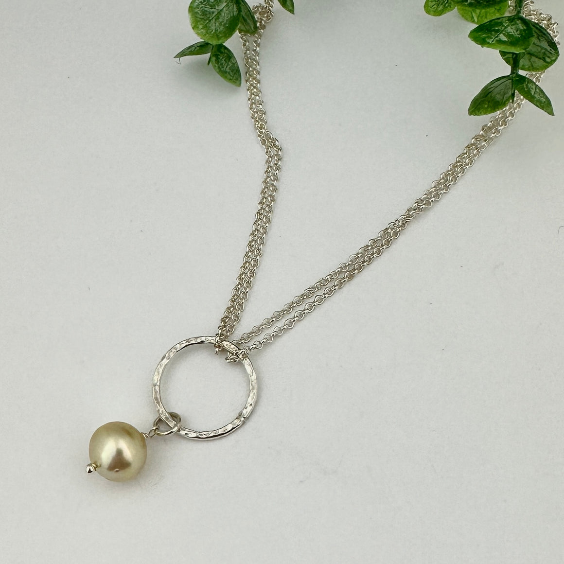 South Sea Yellow Pearl Sterling Silver Circle Double Chain Necklace