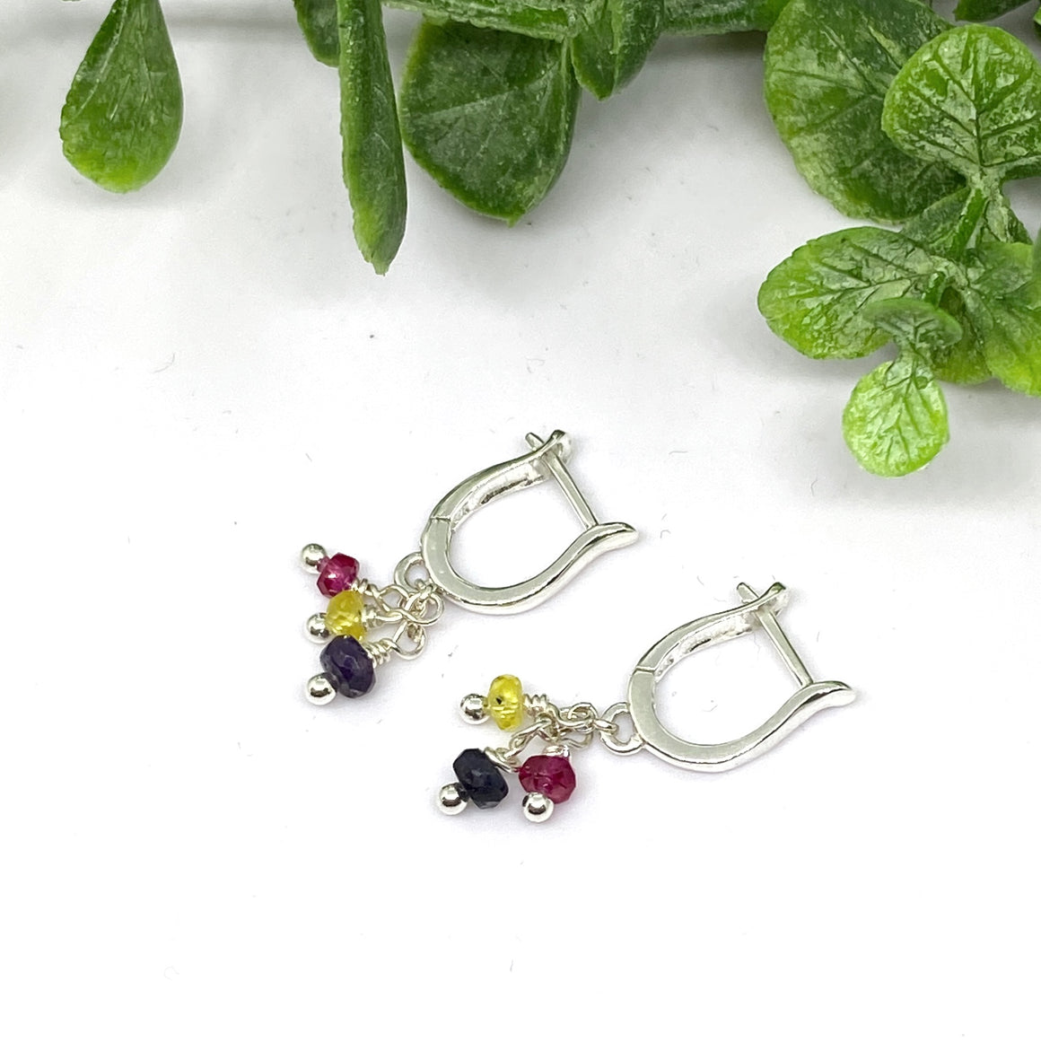 Blue Pink Yellow Sapphire Sterling Silver Cluster Earrings